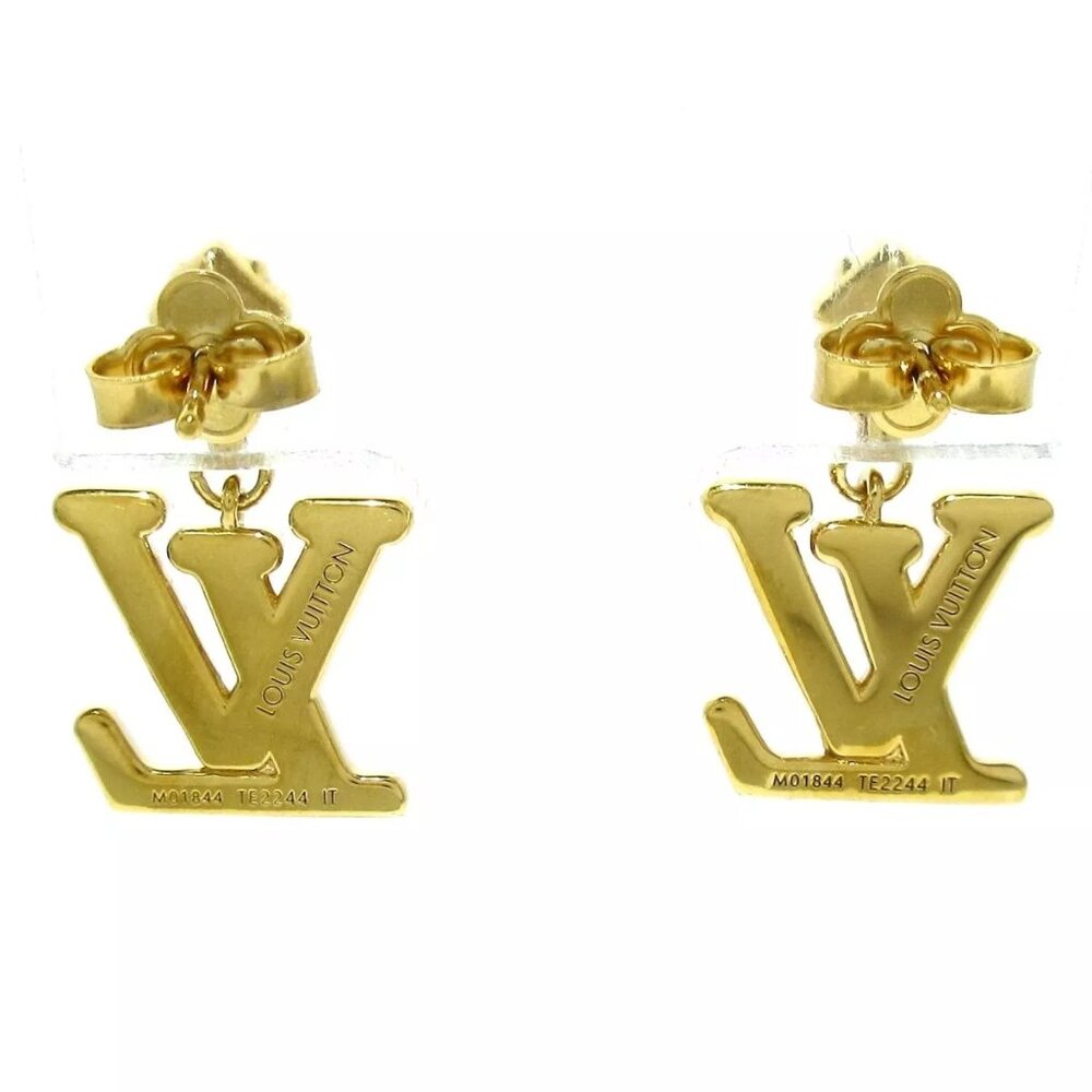 100% Authentic LOUIS VUITTON Pierce Lady LV Gold Earrings Hardware - Picture 3 of 7